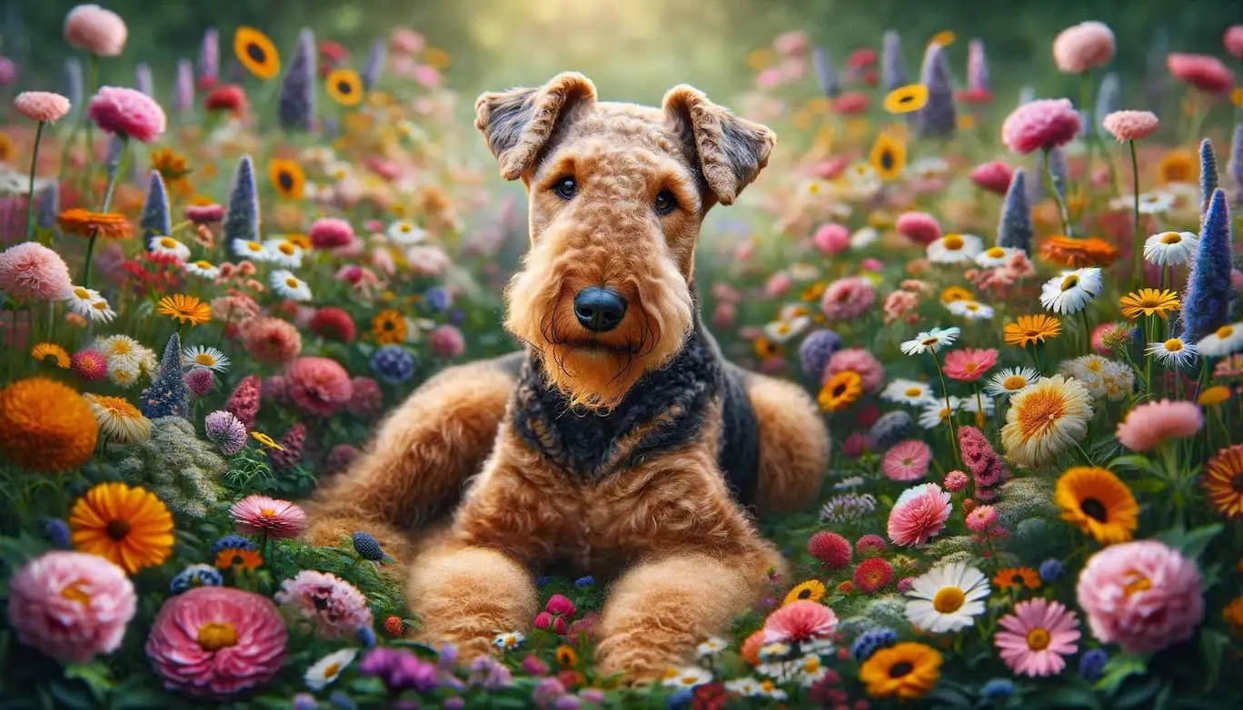 Airedale-Terrier im Blumenbeet