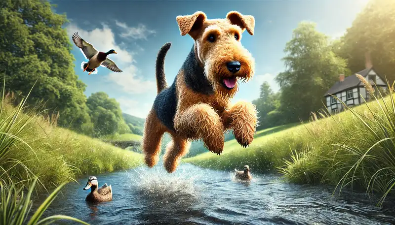 "Ein Airedale-Terrier in Aktion, der in einem eleganten Sprung über einen kleinen Bach springt. Das glänzende, nasse Fell des Hundes schimmert im Sonnenlicht, während im Hintergrund eine grüne Landschaft mit einem klaren blauen Himmel zu sehen ist. Der Ausdruck auf dem Gesicht des Hundes zeigt Freude und Entschlossenheit. In der Nähe planschen Enten im Wasser, was die verspielte Natur der Szene unterstreicht. Die charakteristischen buschigen Augenbrauen und der Bart des Airedales sind deutlich sichtbar."