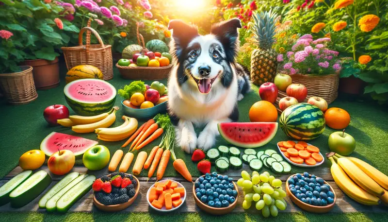 "Ein Border Collie umgeben von verschiedenen gesunden Snacks als Alternativen zu Bananen in einem lebendigen Garten."