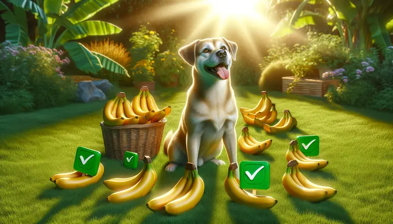 Ein zufriedener und glücklicher Hund der sich auf die nächste Banane freut.Die grünen Haken symbolisieren grünes Licht für Bananen