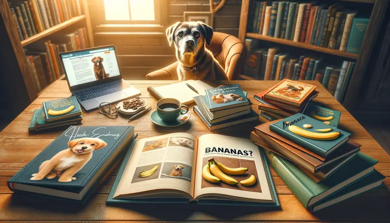 Dürfen Hunde Bananen essen - Hund sitzt vor einem Tisch sitzend, umgeben von Informationsquellen wie Bücher und Computer