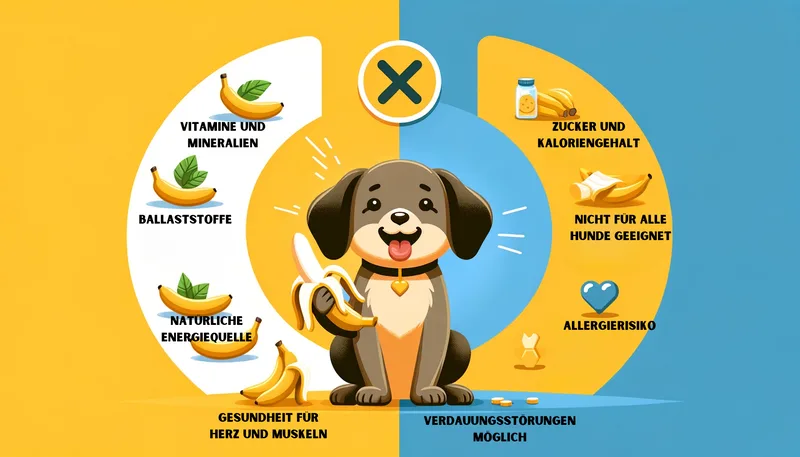 "Visueller Vergleich der Vor- und Nachteile von Bananen in der Ernährung von Hunden, dargestellt durch einen gesunden Hund und Warnsymbole."