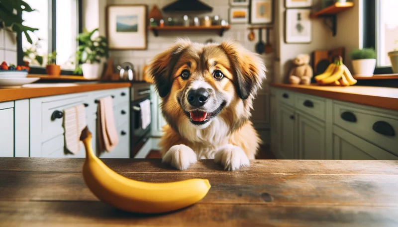 "Ein neugieriger Hund betrachtet eine Banane in einer gemütlichen Küche, symbolisch für die Frage, ob Hunde Bananen essen dürfen."