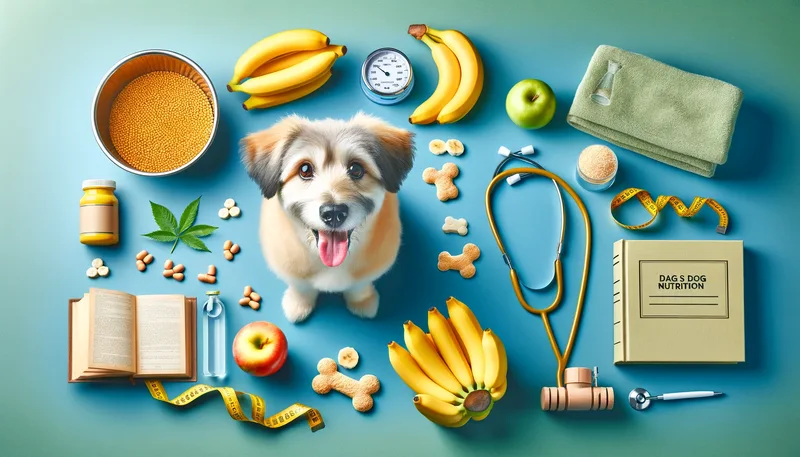 "Ein fröhlicher Hund umgeben von gesunden Snacks und Ernährungszubehör, einschließlich Bananen, einem Maßband und einem Buch über Hundenahrung, veranschaulicht die Bedeutung einer ausgewogenen Diät."