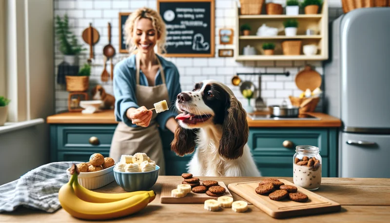 "Ein glücklicher Hund genießt verschiedene Bananen-basierte Snacks in einer einladenden Küche, zeigt kreative Ideen zur Fütterung von Bananen."