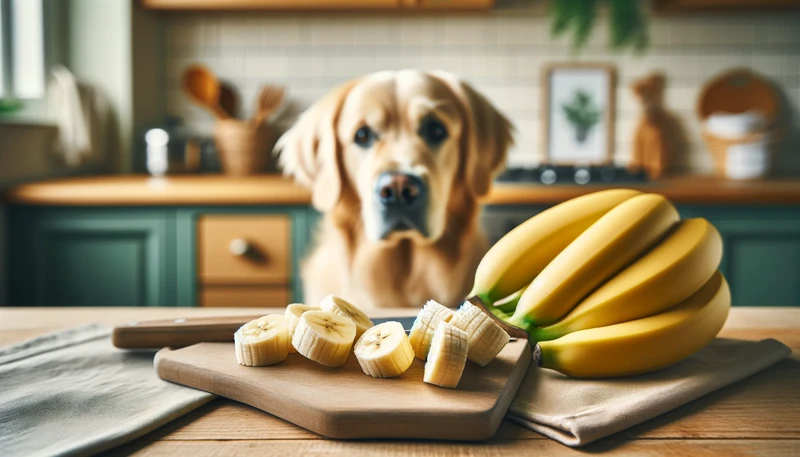 "Bananenstücke auf einem Schneidebrett mit einem interessierten Hund im Hintergrund, illustrieren die Zubereitung von Bananen für Hunde."