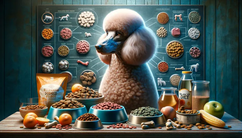 "Futterempfehlungen und Ernährung des Pudels": "Verschiedene Arten von Hundefutter geeignet für Pudel, die eine ausgewogene Ernährung und die Wichtigkeit der richtigen Fütterung darstellen."