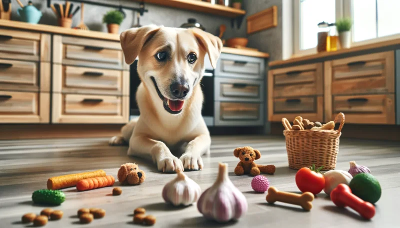 Ein lächelnder Hund betrachtet neugierig Knoblauch auf dem Küchenboden, neben sicheren Spielzeugen und Snacks – ein bildlicher Hinweis auf die Frage "Dürfen Hunde Knoblauch essen?" und die Wichtigkeit richtiger Ernährung.
