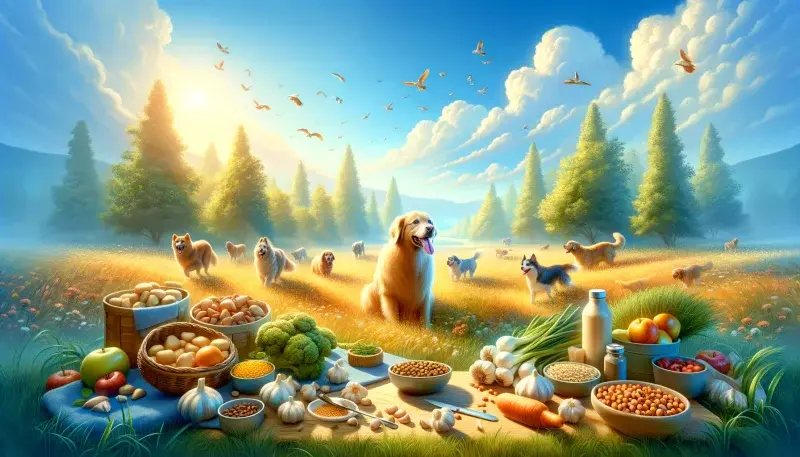 Hunde toben fröhlich auf einer sonnigen Wiese, umgeben von sicheren und gesunden Futteralternativen – ein idyllisches Szenario, das die Frage "Dürfen Hunde Knoblauch essen?" mit einem klaren Nein beantwortet und stattdessen gesunde Ernährung feiert.