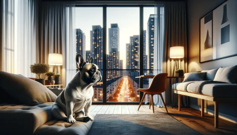 "Französische Bulldogge sitzt nachdenklich in einem stilvollen Stadtwohnzimmer mit Blick auf die Dämmerung über der Skyline der Großstadt, reflektierend die ruhige Koexistenz von urbanem Leben und Haustierkomfort."