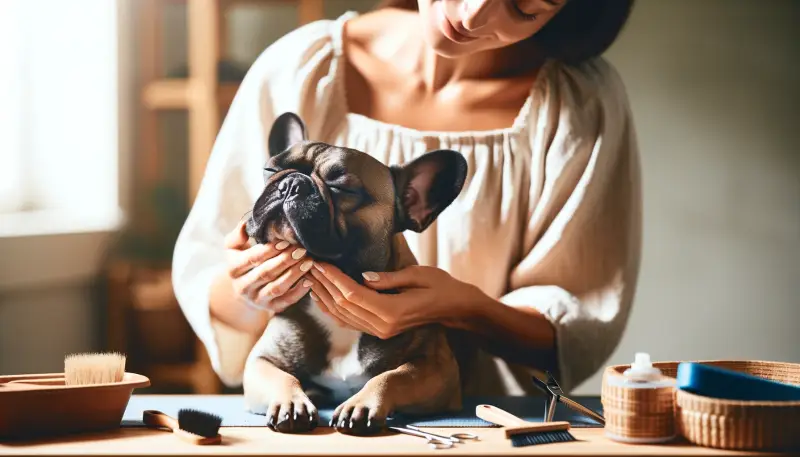 "Frau pflegt liebevoll ihre Französische Bulldogge, unterstreicht die Bedeutung regelmäßiger Fellpflege für das Wohlbefinden der Rasse."