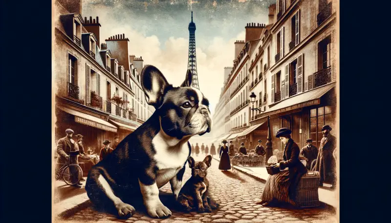 Sepiafarbene Illustration einer Französischen Bulldogge im historischen Paris, die die reiche Geschichte der Rasse im Frankreich des 19. Jahrhunderts mit dem Eiffelturm im Hintergrund unterstreicht.