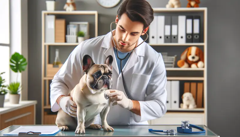 Französische Bulldogge wird aufmerksam von einem Tierarzt in einer modernen Tierklinik untersucht, symbolisiert professionelle Tierpflege und Gesundheitsvorsorge