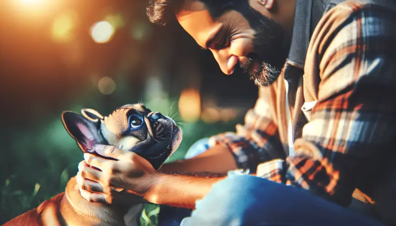 Mann teilt eine liebevolle Interaktion mit seiner Französischen Bulldogge, ein Bild der Kameradschaft und des positiven Sozialverhaltens der Rasse