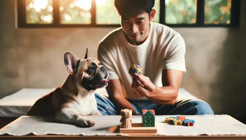 Mann beim interaktiven Spiel mit einer aufmerksamen Französischen Bulldogge, zeigt spielerisches Training und geistige Anregung der Rasse