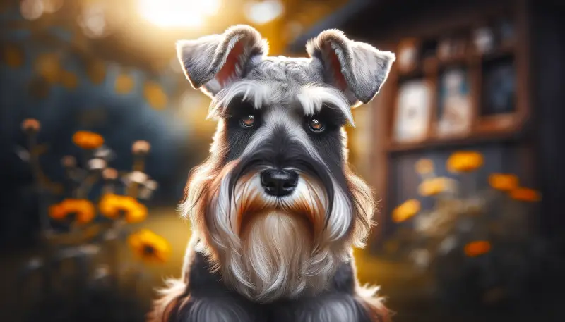 "Ein Mittelschnauzer blickt mit leuchtenden Augen und einer Aura von Klugheit vor einem verschwommenen Hintergrund mit goldenen Sonnenstrahlen und herbstlichen Blumen, was den sanften, aber aufmerksamen Charakter der Rasse einfängt."