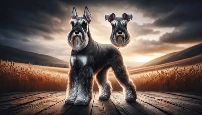 "Ein Mittelschnauzer steht stolz auf einem Holzsteg mit einem dramatischen Himmel im Hintergrund, die imposante Silhouette und charakteristischen Merkmale werden durch das leuchtende Gegenlicht eines Sonnenuntergangs über einem Weizenfeld hervorgehoben.Daneben befindet sich eine Kopfstudie eines Mittelschnauzers mit Kippohren wie sie heute getragen werden.