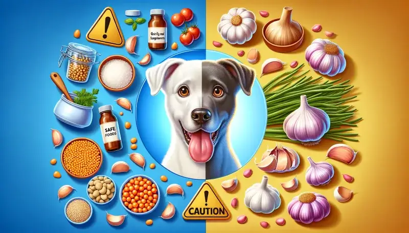 Ein aufmerksamer Hund teilt das Bild mit Knoblauch und einer Warnung, ein kreatives Konzept, das fragt: "Dürfen Hunde Knoblauch essen?", und hebt die Bedeutung sicherer Ernährung hervor.
