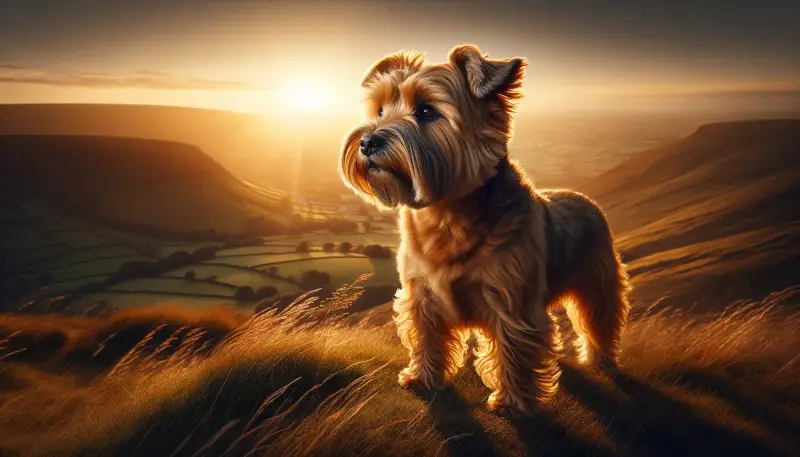 Ein majestätischer Norfolk-Terrier steht zur goldenen Stunde auf einem Hügel im Sonnenuntergang, mit einem weiten Blick über die malerische ländliche Landschaft.