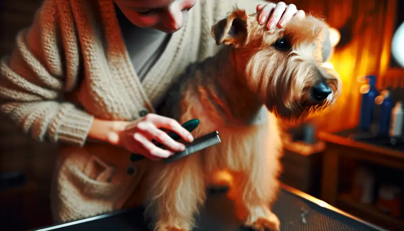 Ein sorgfältig gepflegter Norfolk-Terrier genießt eine liebevolle Fellpflege durch seine Besitzerin, ein Schlüsselmoment für die Bindung und das Wohlergehen der Rasse.