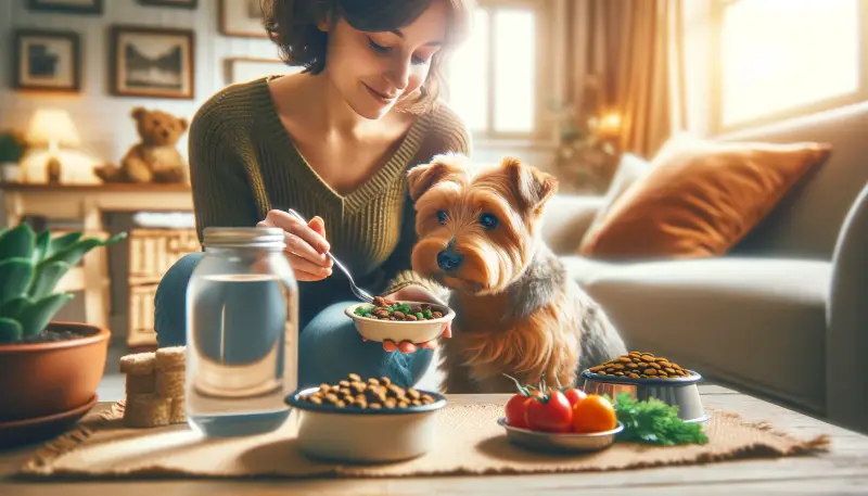 Ein gesunder Norfolk-Terrier wartet geduldig, während seine Besitzerin ihm eine Schale mit ausgewogenem Hundefutter vorbereitet.