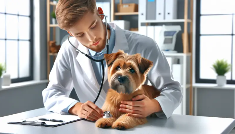 Ein Norfolk-Terrier wird vorsichtig von einem Tierarzt untersucht, der ein Stethoskop benutzt, um die Gesundheit des Hundes zu überprüfen.