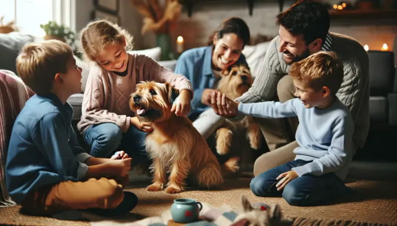 Ein lebendiger Norfolk-Terrier spielt fröhlich mit einer Familie und ihren Kindern, ein herzliches Bild, das das Sozialverhalten der Rasse darstellt