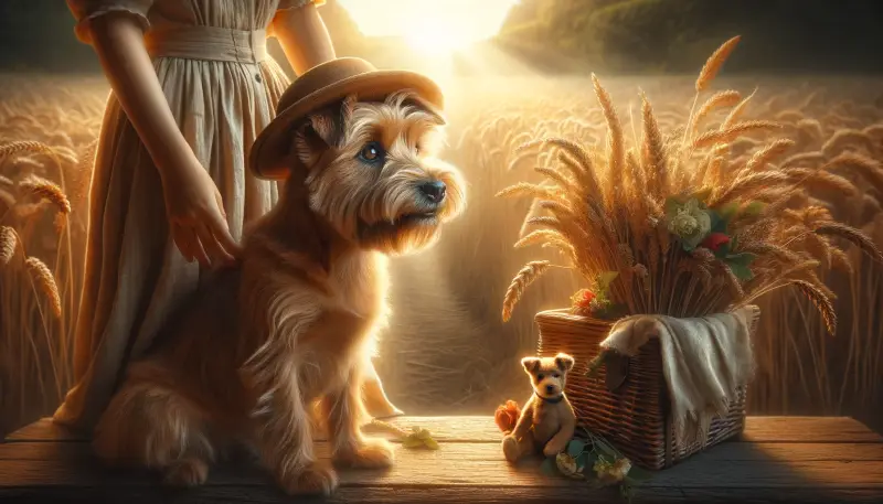 Ein Norfolk-Terrier in einem malerischen Weizenfeld, sanft berührt von einer Frau im ländlichen Outfit. Die Szene fängt die zeitlose Schönheit der Natur ein und unterstreicht die Verbundenheit des Terriers mit dem ländlichen Leben.