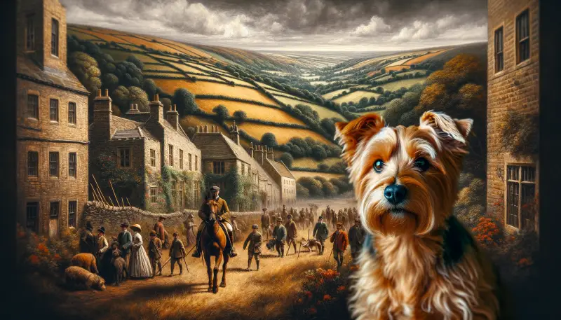 Norfolk-Terrier vor einer historischen englischen Landschaft, die die Ursprünge und das Erbe der Rasse hervorhebt. Detailreiche Darstellung von ländlichen Szenen unterstreicht die Rolle des Norfolk Terriers als vielseitigen Arbeitshund. Ideal für Fans und Kenner der Norfolk-Terrier-Geschichte."