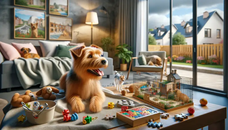 "Ein fröhlicher Norfolk-Terrier genießt sein Zuhause mit Spielzeugen und einem komfortablen Interieur, mit einem Blick auf den Garten, wo andere Norfolk- Terrier spielen.