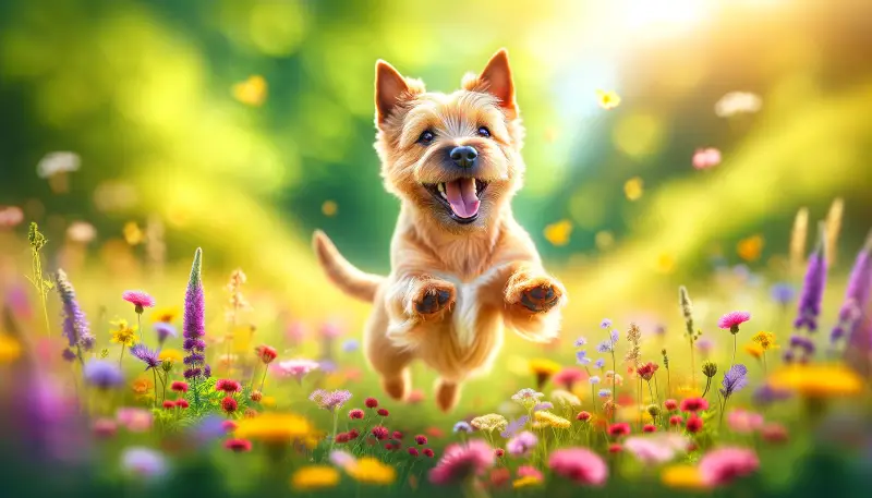 "Ein ausgelassener Norwich-Terrier springt freudig durch ein buntes Blumenfeld, umgeben von strahlendem Sonnenlicht, was seine spielerische Natur und lebensfrohe Energie perfekt zum Ausdruck bringt."