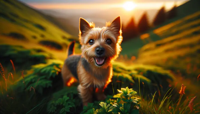 "Ein strahlender Norwich-Terrier steht inmitten einer atemberaubenden Landschaft im Sonnenuntergang, mit leuchtendem Fell, das die warmen Sonnenstrahlen einfängt, und einem lebensfrohen Lächeln, das die freudige und abenteuerliche Persönlichkeit der Rasse widerspiegelt."