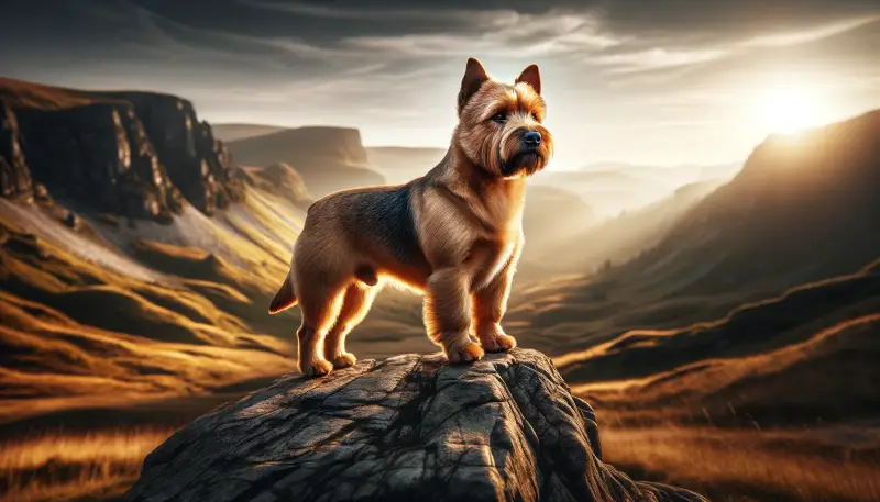 "Ein Norwich-Terrier steht majestätisch auf einem Felsen, mit einer dramatischen, von der untergehenden Sonne beleuchteten Landschaft im Hintergrund, die die robuste Schönheit und das abenteuerliche Wesen der Rasse hervorhebt."