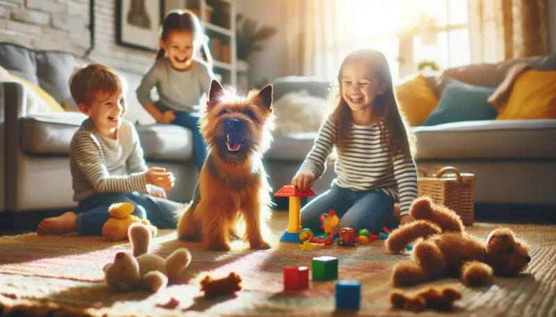 Ein ausgelassener Norwich-Terrier spielt auf einem sonnendurchfluteten Wohnzimmerboden mit lachenden Kindern, umgeben von Spielzeug, was die familienfreundliche Natur und die kinderliebe Persönlichkeit der Rasse hervorhebt."