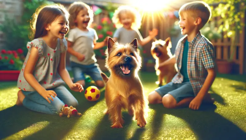 "Ein Norwich-Terrier im Zentrum fröhlichen Kinderlachens, umgeben von spielenden Kindern im sonnigen Garten, strahlt pure Lebensfreude aus und veranschaulicht das gesellige und kinderfreundliche Wesen der Rasse."