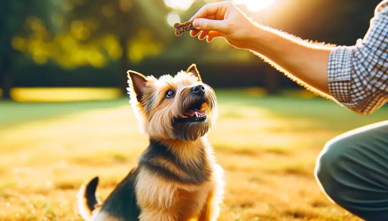 "Ein aufmerksamer und erwartungsvoller Norwich-Terrier sitzt auf einer sonnigen Wiese und blickt zu einem Leckerli in der Hand seines Besitzers hoch, ein Moment, der das effektive Training und die freudige Lernbereitschaft der Rasse einfängt."