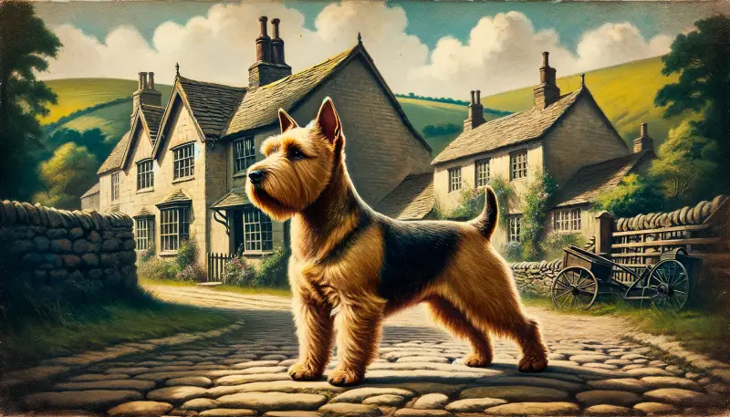 "Ein stolzer Norwich-Terrier steht auf einem kopfsteingepflasterten Weg in einem malerischen Dorf, umgeben von traditionellen englischen Cottages, die die historische Eleganz und die Wurzeln der Rasse unterstreichen."