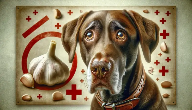 Ein besorgter Hund betrachtet ein "Nein"-Zeichen über Knoblauchzehen, ein deutlicher Hinweis darauf, dass Hunde keinen Knoblauch essen dürfen und die Risiken, die es mit sich bringt.
