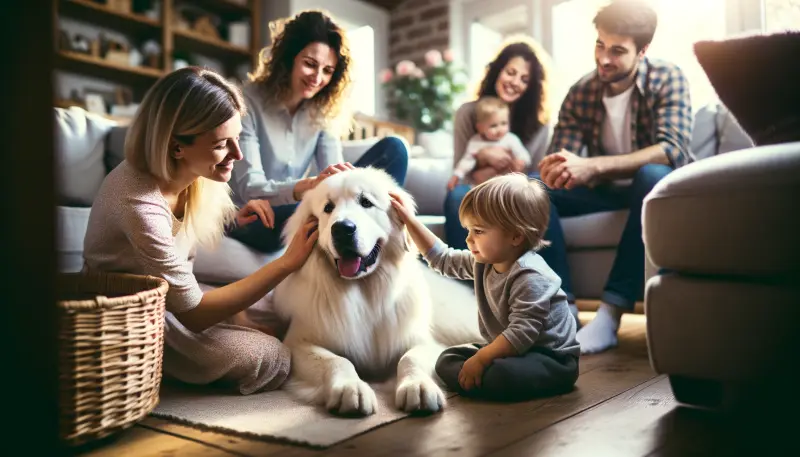 Ein strahlender weißer Pyrenäenberghund genießt die Gesellschaft einer liebevollen Familie im gemütlichen Wohnzimmer, während ein kleines Kind und Erwachsene ihn zärtlich streicheln, was die familiäre Bindung und soziale Natur der Rasse unterstreicht.