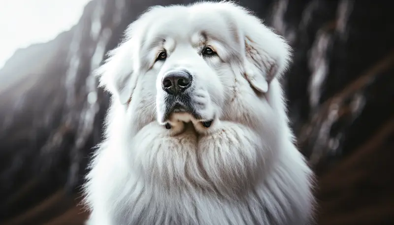 Ein majestätischer Pyrenäenberghund blickt gedankenverloren in die Ferne, sein dichtes, weißes Fell kontrastiert gegen das dunkle Gestein der Bergkulisse im Hintergrund, ein perfektes Porträt seiner imposanten Erscheinung und ruhigen Ausstrahlung.