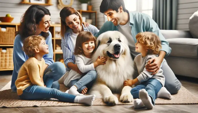 Eine glückliche Familie sitzt im Wohnzimmer und umarmt liebevoll ihren Pyrenäenberghund, dessen strahlend weißes Fell und freundliches Wesen die Zuneigung und Freude der Kinder und Erwachsenen hervorruft.