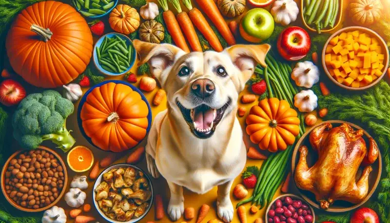 "Ein glücklicher Hund inmitten einer Vielzahl gesunder Lebensmittelalternativen zu Knoblauch, einschließlich Kürbis, Karotten und Äpfeln, verdeutlicht, was Hunde statt Knoblauch essen dürfen."