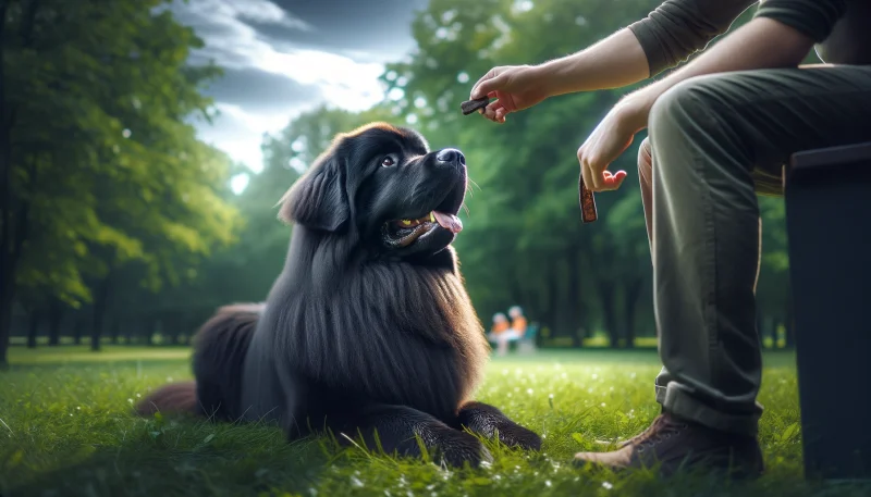 Ein aufmerksamer Neufundländer liegt entspannt im Gras und blickt liebevoll zu seinem Besitzer hoch, der ihm während einer Trainingseinheit in einem sonnendurchfluteten Park ein Leckerli anbietet, ein Bild der Bindung und des Vertrauens zwischen Hund und Mensch."