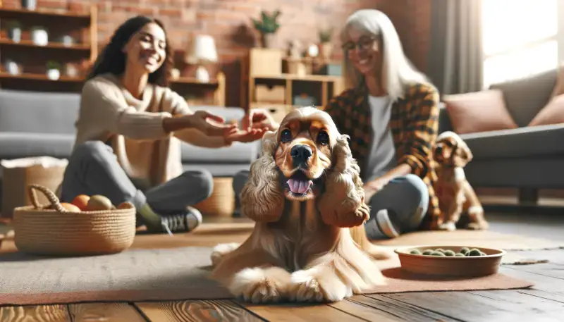 Ein Amerikanischer Cocker Spaniel sitzt gelassen inmitten eines lebendigen Haushalts, seine Augen funkeln vor Freude und Zufriedenheit. Er wird liebevoll von seinen menschlichen Begleitern, einer jungen Frau und einer älteren Dame, umsorgt, was die natürliche Freundlichkeit und Sozialität der Rasse widerspiegelt. Die warme, einladende Szenerie des Wohnzimmers und die aufmerksamen Gesten der Frauen zeigen den liebevollen Charakter und die Fähigkeit des Amerikanischen Cocker Spaniels, starke Bindungen mit seinen Familienmitgliedern aufzubauen und zur gemeinsamen Freude beizutragen.