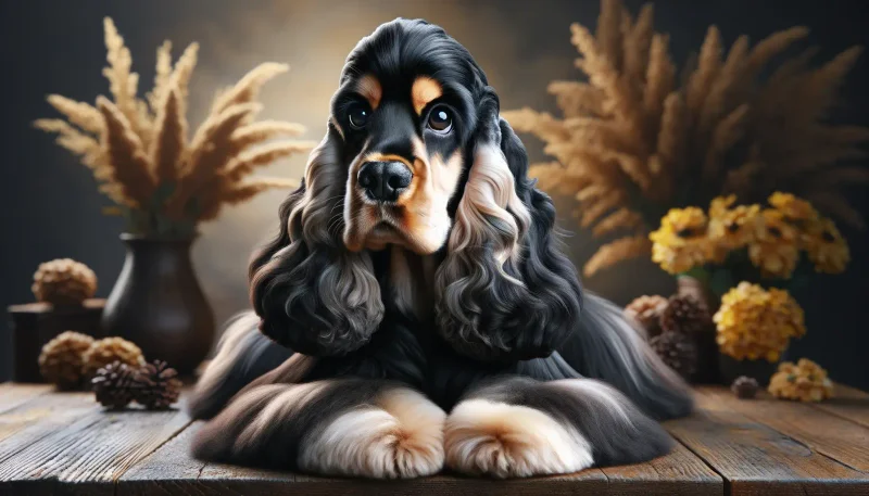 Vor einem stimmungsvollen Hintergrund mit herbstlichen Trockenblumen liegt ein Amerikanischer Cocker Spaniel in voller Pracht. Sein glänzendes, welliges Fell und die tiefen, ausdrucksstarken Augen zeichnen die elegante Erscheinung dieser Rasse aus. Die natürliche Eleganz und der sanfte Ausdruck des Hundes werden durch die warmen Farbtöne und das weiche Licht hervorgehoben, was die ästhetische Schönheit und den liebenswerten Charakter des Amerikanischen Cocker Spaniels unterstreicht.