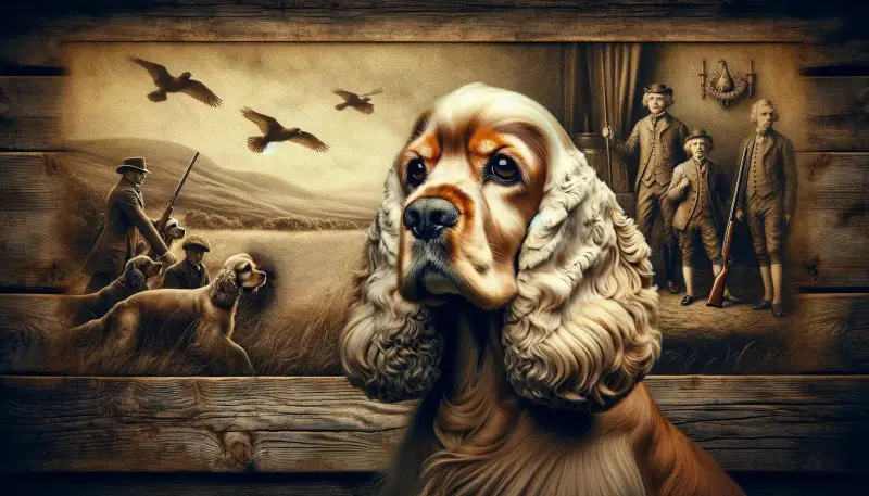 Ein majestätischer Amerikanischer Cocker Spaniel steht im Vordergrund vor einer sepiafarbenen, historisch anmutenden Kulisse, die die reiche Geschichte der Rasse in der Jagd illustriert. Im Hintergrund sind Szenen von Jägern und fliegenden Vögeln zu erkennen, welche die Rolle der Rasse als geschätzter Jagdbegleiter unterstreichen. Der Hund, porträtiert mit einem weisen und nachdenklichen Blick, scheint über seine Vergangenheit als geschickter und zuverlässiger Helfer auf den Feldern zu reflektieren, ein Vermächtnis, das bis in die moderne Zeit anhält.