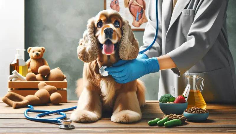 Ein Amerikanischer Cocker Spaniel sitzt geduldig auf einem Untersuchungstisch und wird von einem Tierarzt untersucht, der das Stethoskop anwendet. Im Hintergrund sind Tiergesundheitsprodukte zu sehen, darunter Vitamine und gesundes Futter, die die Bedeutung einer ganzheitlichen Gesundheitsfürsorge betonen. Das Bild vermittelt eine Atmosphäre des Vertrauens und der Sorgfalt, die für die Erhaltung der Gesundheit und des Wohlbefindens des Hundes wesentlich sind.