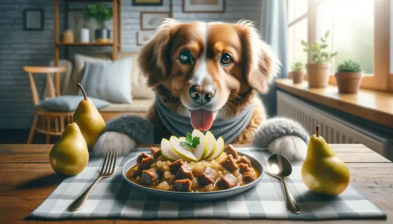 Hund schaut gespannt auf einen Teller Gulasch mit Birnengarnitur, thematisiert als Teil des Artikels 'Dürfen Hunde Birnen essen?', was die Vielfalt an sicheren Obstsorten für die Hundeernährung aufzeigt."