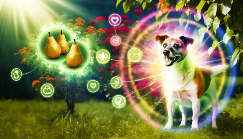 "Strahlender Hund umgeben von leuchtenden Symbolen für die gesundheitlichen Vorteile von Birnen, passend zum Thema 'Dürfen Hunde Birnen essen?', unterstreicht den ernährungsphysiologischen Wert für die Hundegesundheit."