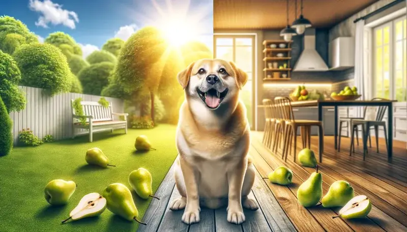 "Fröhlicher Hund umgeben von Birnen in einem sonnigen Garten, perfekt für Artikel zu 'Dürfen Hunde Birnen essen?', was die gesunde Ernährung für Hunde betont."